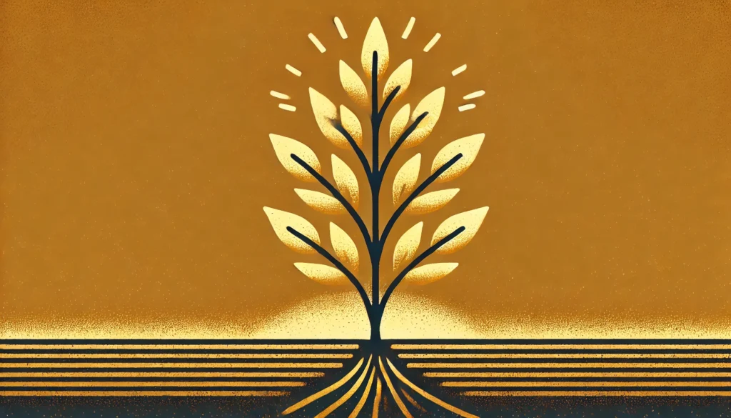 A silk screen style illustration in a wide aspect ratio, depicting a small golden plant growing.representing financial growth over time.