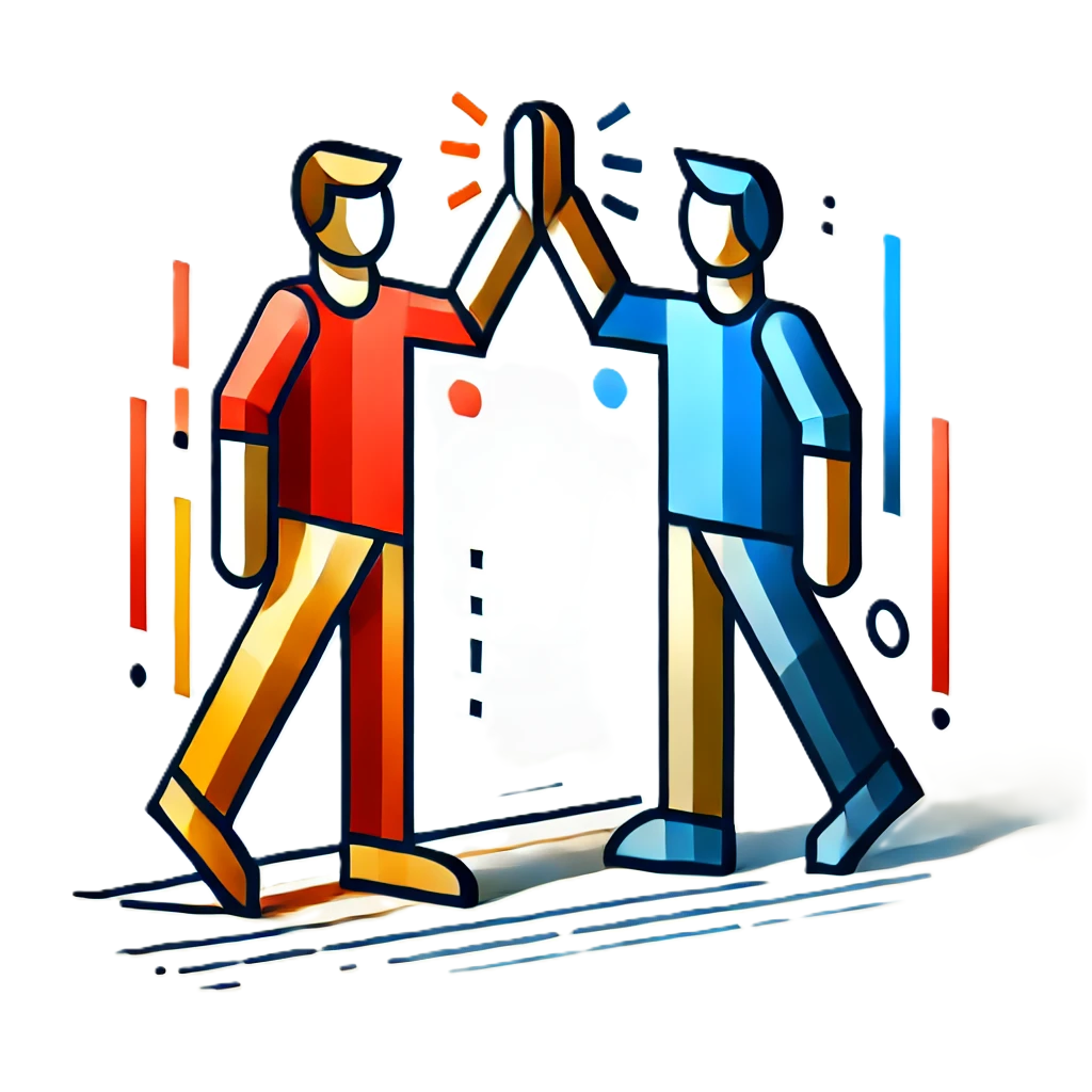 A 2D modern, colorful illustration of two simple men high-fiving, viewed from a side perspective.