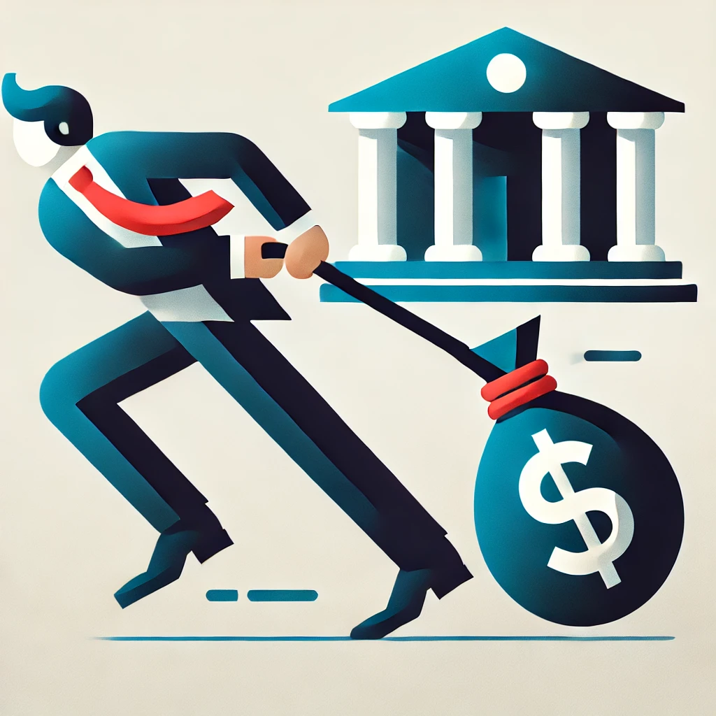 A 2D pictogram-like minimalistic modern illustration of a handsome faceless man dragging a bag of cash with struggle towards a bank.
